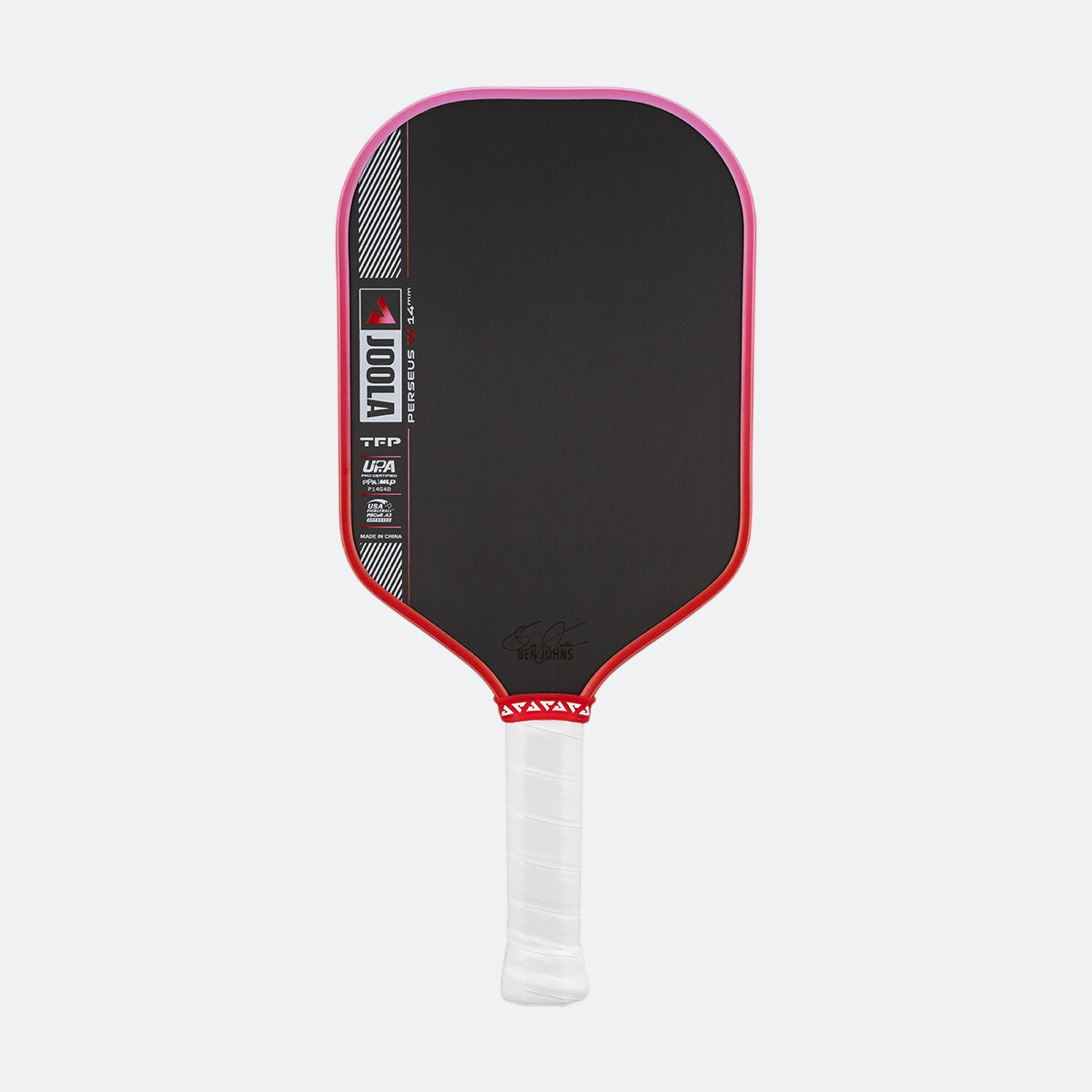 Pickleball paddle with black surface, red border, and white handle on a white background