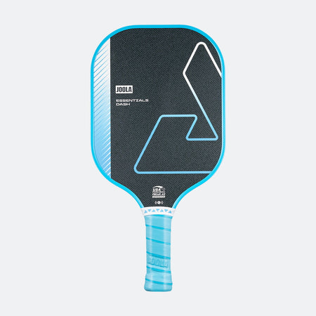 White background, product image of the JOOLA Essentials Dash pickleball paddle with light blue handle and matching edge guard.