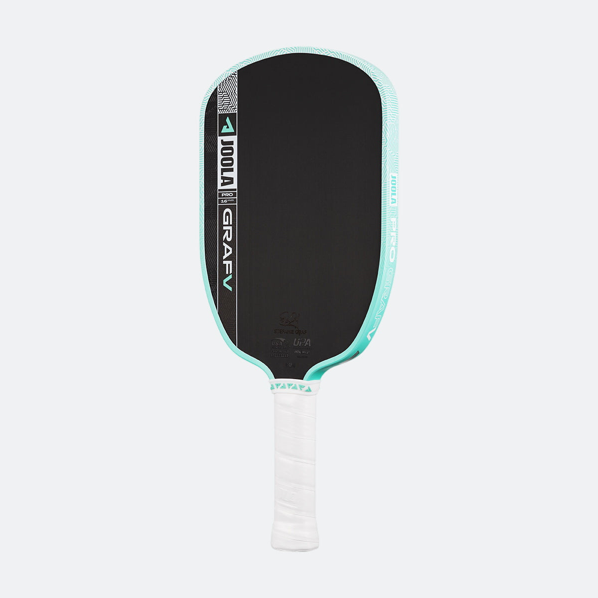 White background, product image of the Graf Pro V with a turquoise edge guard and a white handle.