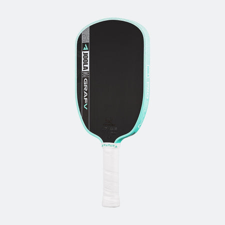 White background, product image of the Graf Pro V with a turquoise edge guard and a white handle.