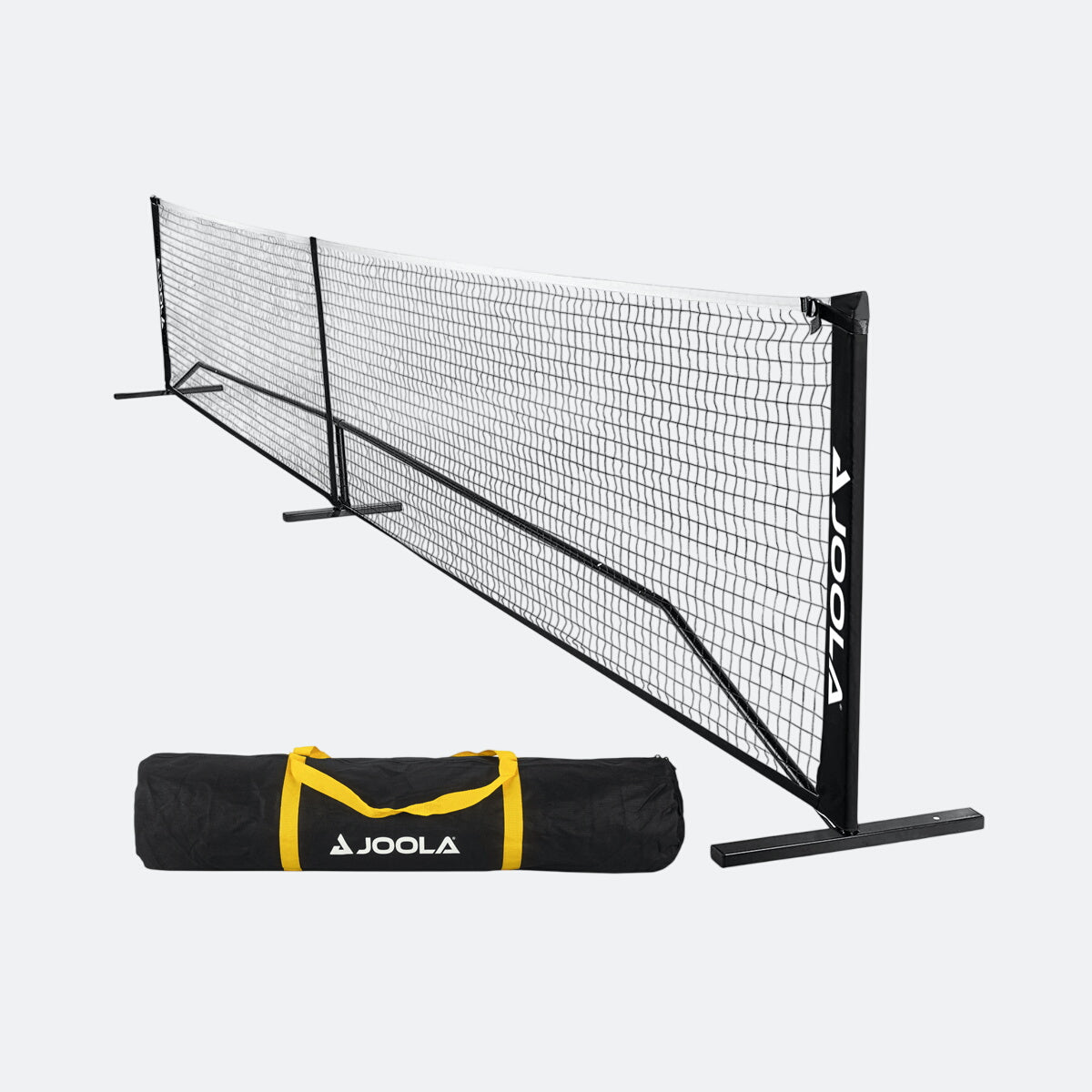 White Background Image: JOOLA Elemental Pickleball Net with Black carrying case with yellow handles