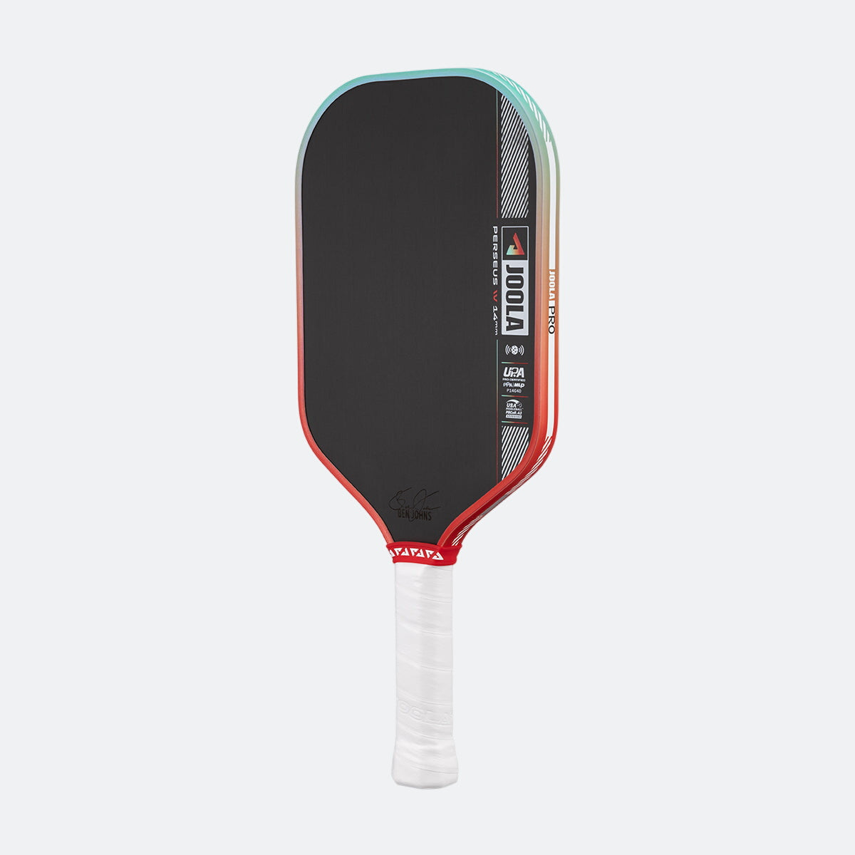 Pickleball paddle with black surface, red edges, and white handle on a white background