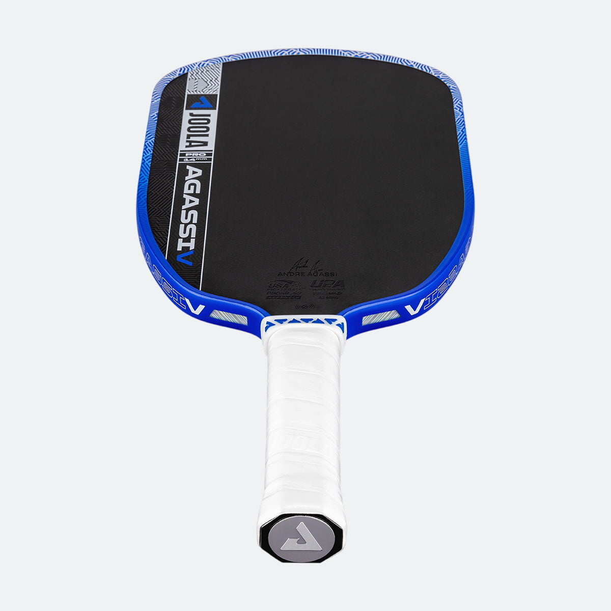 White background, product image showing the Agassi Pro V pickleball paddle with a white handle and dark blue edge guard.