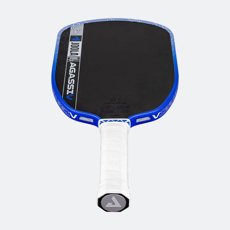 White background, product image showing the Agassi Pro V pickleball paddle with a white handle and dark blue edge guard.