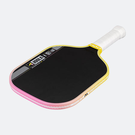 Pickleball paddle with pink and yellow frame on a white background.