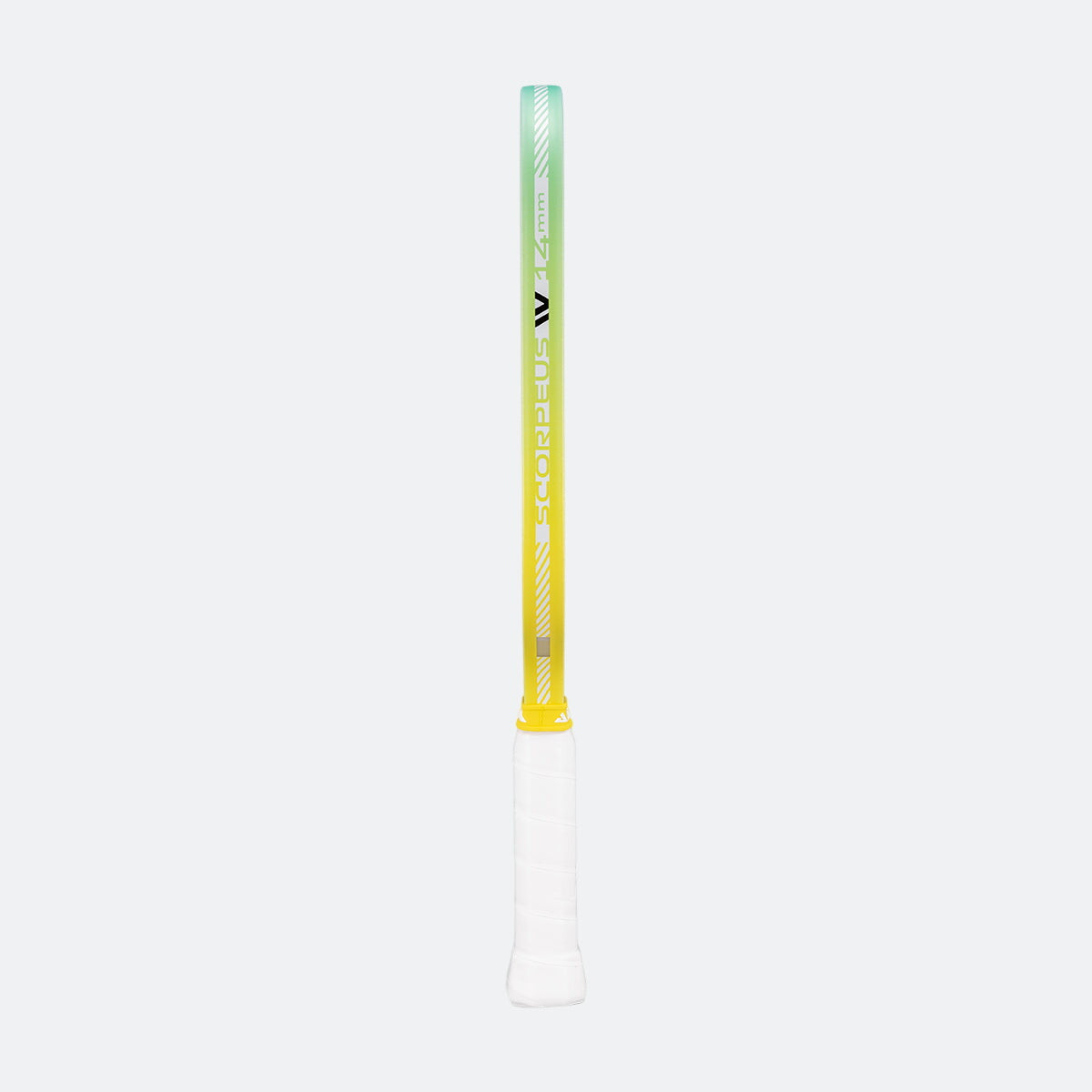 Gradient-colored pickleball paddle racket handle with a brand logo on a white background.