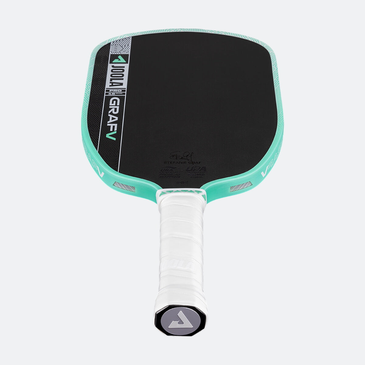 White background, product image of the Graf Pro V pickleball paddle, teal edge guard with a white handle.