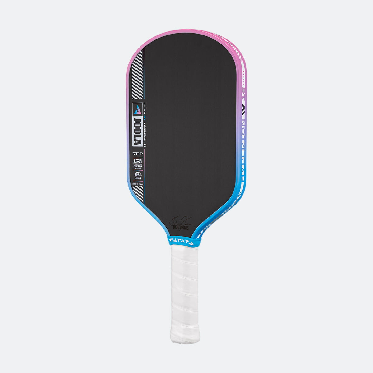 Pickleball paddle with black face, pink and blue sides, and white handle on a white background.