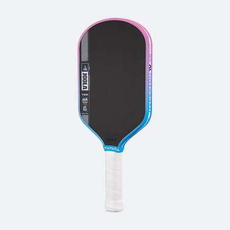 Pickleball paddle with black face, pink and blue sides, and white handle on a white background.