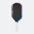 Pickleball paddle with black face, pink and blue sides, and white handle on a white background.
