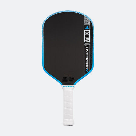 White background, image of the JOOLA Hyperion Pro V pickleball paddle, white handle, blue and white edge guard and black surface.