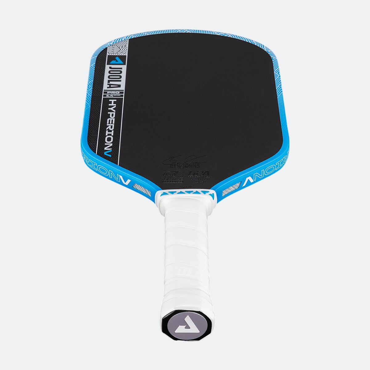 White background, product image of the JOOLA Hyperion Pro V pickleball paddle, white handle, blue edge guard.