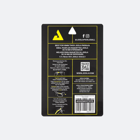 White background, image of the application instructions on the back of a package of JOOLA Clear Edge Guard Tape.