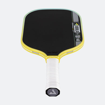 Yellow and black pickleball paddle on a white background.