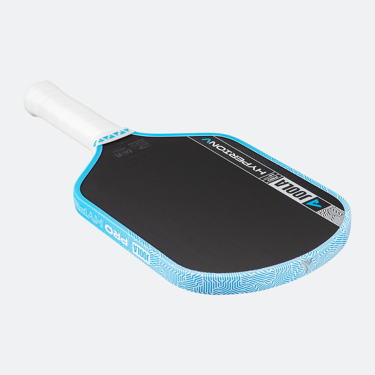 White background, image of the JOOLA Hyperion Pro V pickleball paddle, white handle, blue and white edge guard and black surface.