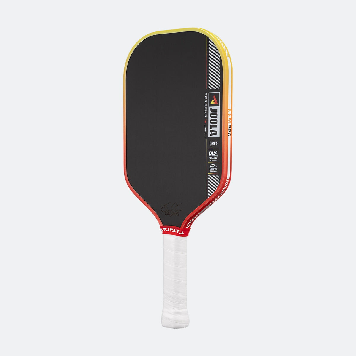 Pickleball paddle with black face, red sides, and white handle on a white background
