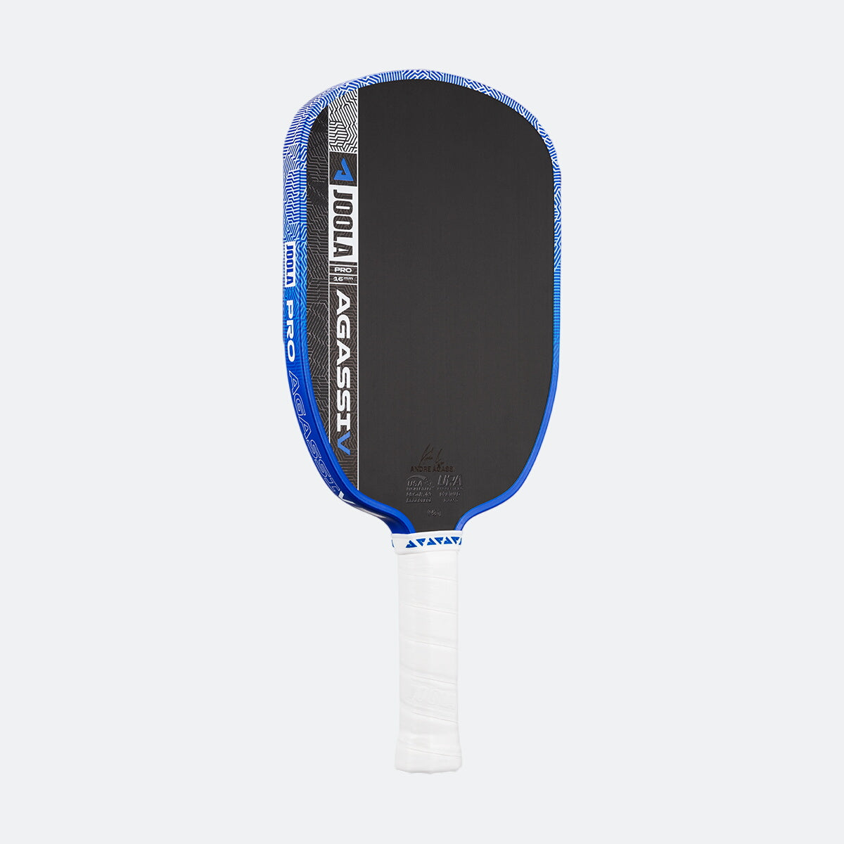 White background photo, image of the Agassi Pro V with blue edge guard and white handle.