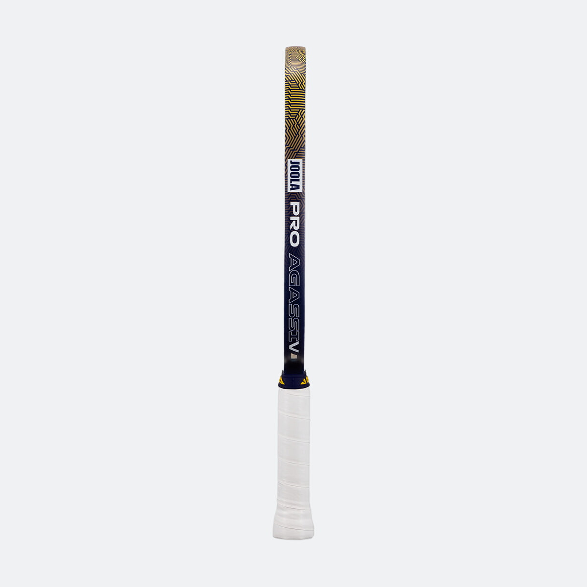 White background, prouct image of the Kate and Brooke Dual Signature Agassi Pro V pickleball paddle in a blue and gold colorway. Showing the JOOLA Pro Edge guard.