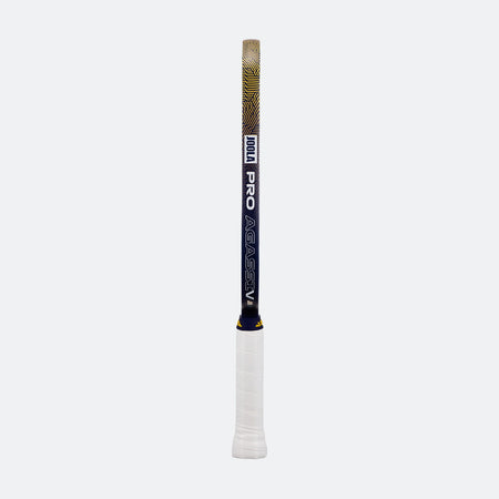 White background, prouct image of the Kate and Brooke Dual Signature Agassi Pro V pickleball paddle in a blue and gold colorway. Showing the JOOLA Pro Edge guard.