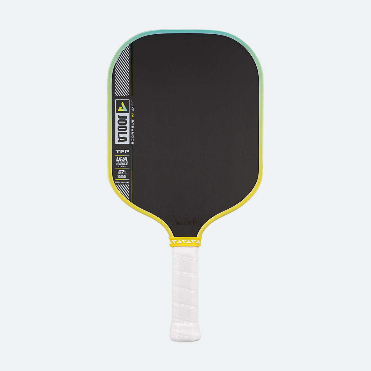 Pickleball paddle with black paddle face, yellow rim, and white handle on a white background.