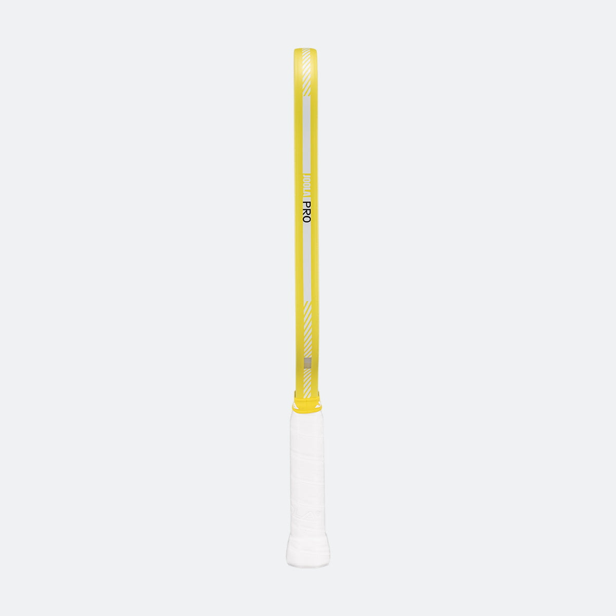 White background, image showing the yellow, white and black detail on the edge guard of the Scorpeus Pro IV pickleball paddle.