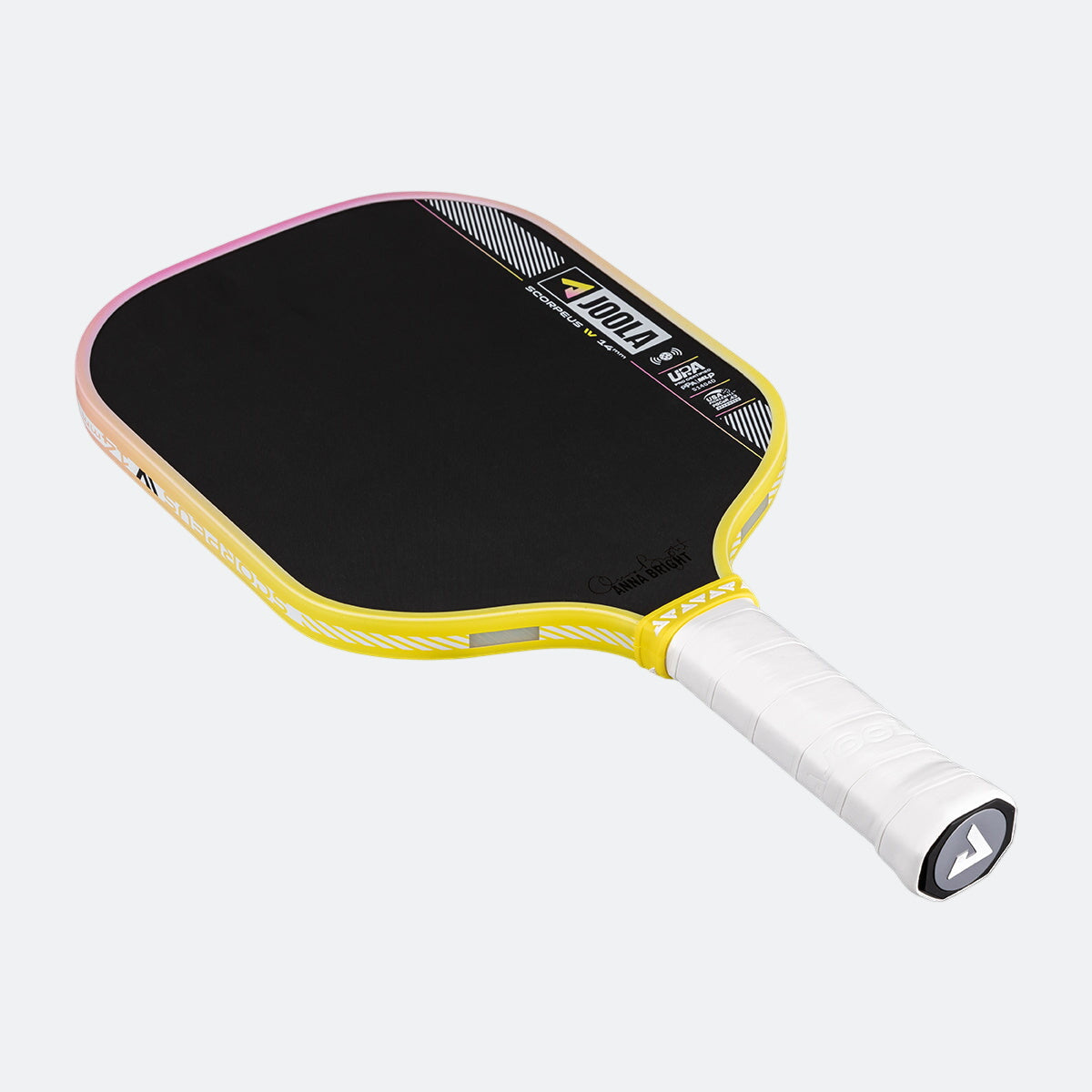 Yellow and black pickleball paddle with white handle on a white background.