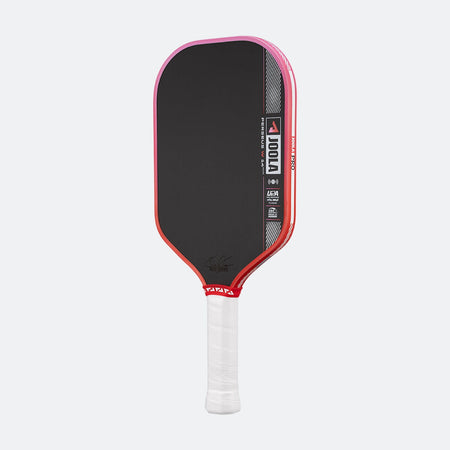 Pickleball paddle with red rim and white handle on a white background
