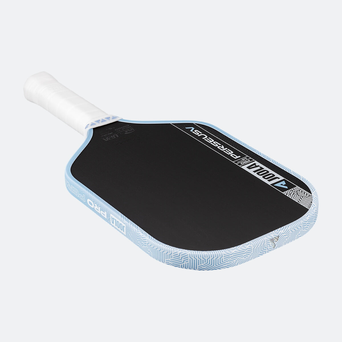 White background, product image of the JOOLA Perseus Pro V pickleball paddle with light blue edge guard and white handle.