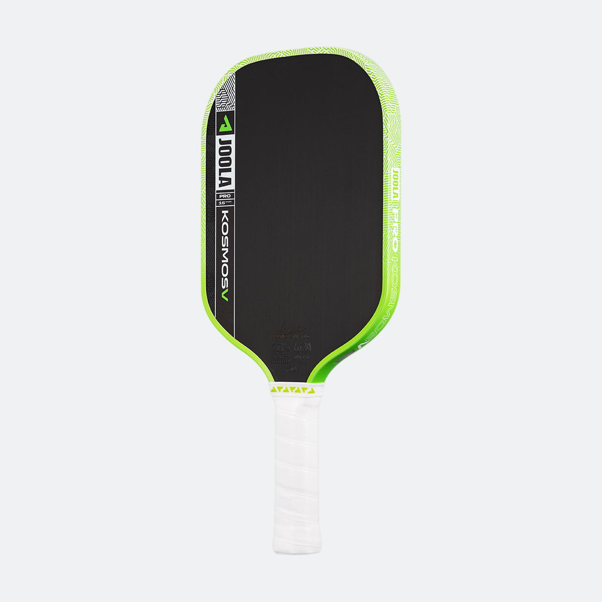 White background, product image of the JOOLA Kosmos Pro V pickleball paddle with white handle and green edge guard.