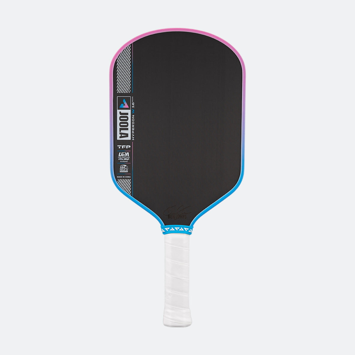 Pickleball paddle with black face, pink rim, and white handle on a white background.
