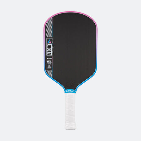 Pickleball paddle with black face, pink rim, and white handle on a white background.