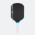 Pickleball paddle with black face, pink rim, and white handle on a white background.
