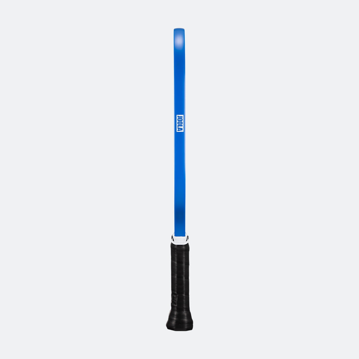 White background, image of the JOOLA Essentials Dash pickleball paddle's blue edge guard, also pictured is the black handle.