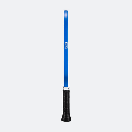 White background, image of the JOOLA Essentials Dash pickleball paddle's blue edge guard, also pictured is the black handle.