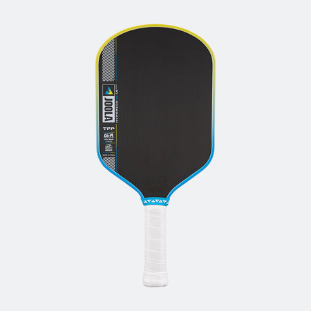 Pickleball paddle with black face, blue rim, and white handle on a white background.