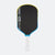 Pickleball paddle with black face, blue rim, and white handle on a white background.