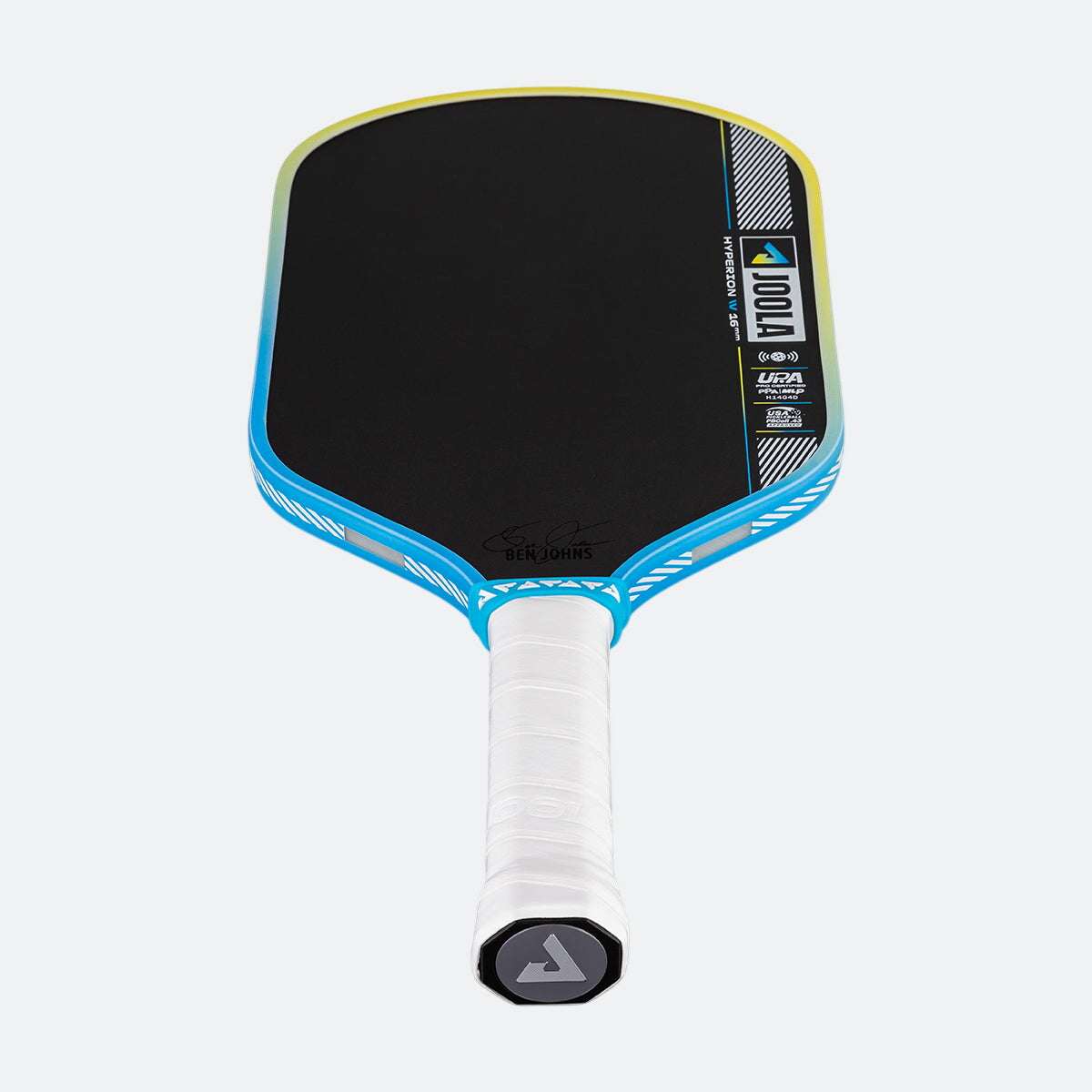 Pickleball paddle with black playing surface, blue frame, and white handle on a white background.