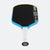 Pickleball paddle with black playing surface, blue frame, and white handle on a white background.
