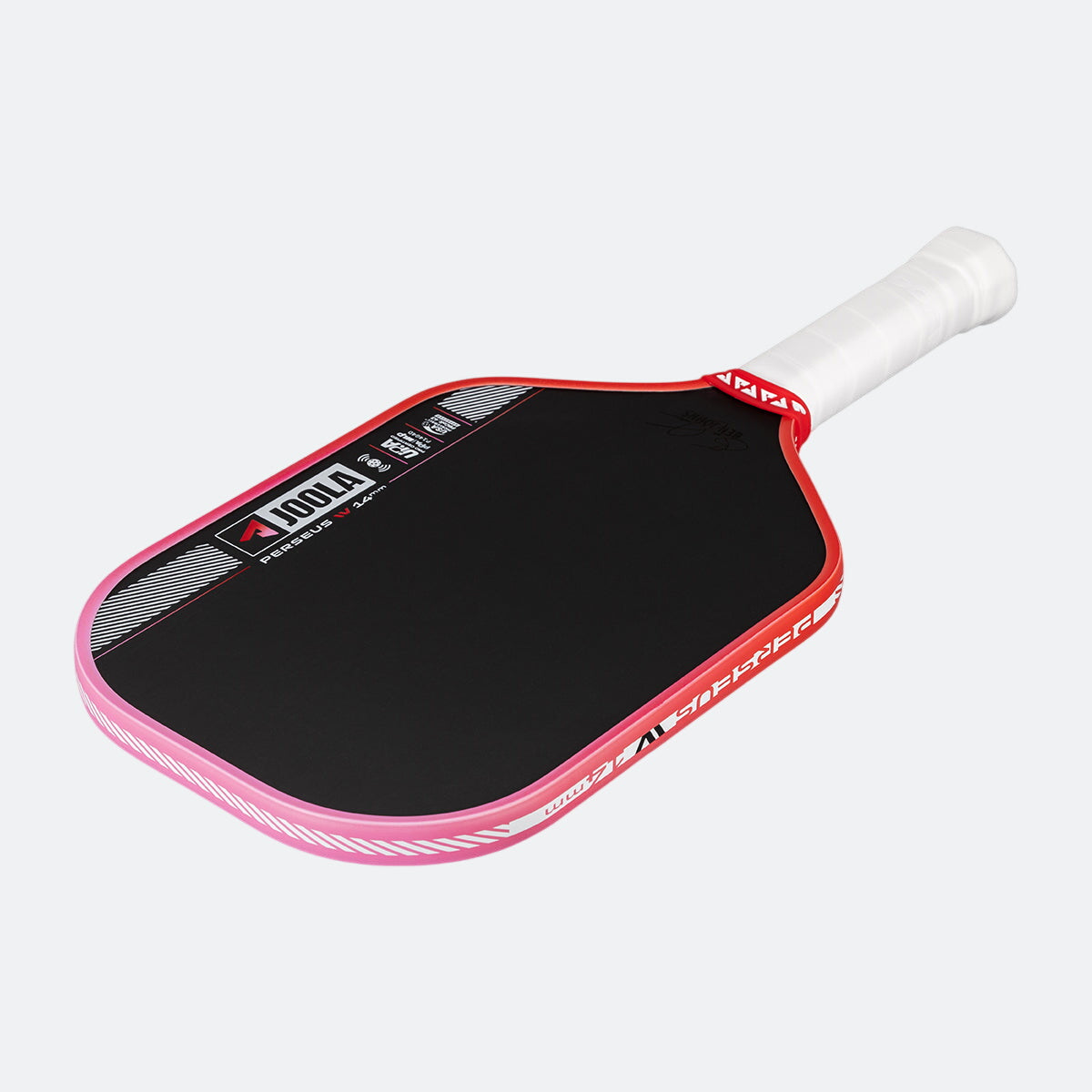 Pickleball paddle with red and black design on a white background