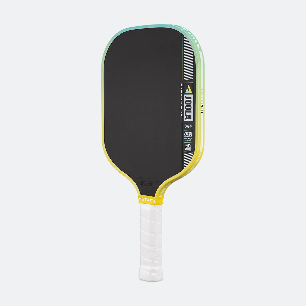Pickleball paddle with black face, yellow sides, and white handle on a white background.