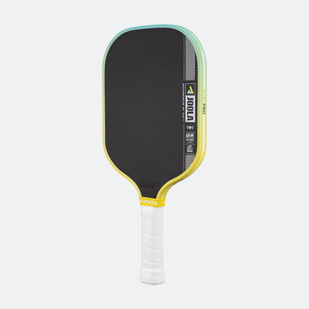 Pickleball paddle with black face, yellow sides, and white handle on a white background.