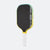 Pickleball paddle with black face, yellow sides, and white handle on a white background.