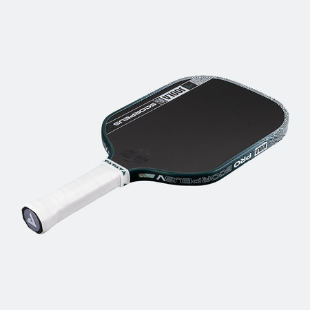 White background, product image of the JOOLA Scorpeus Pro V pickleball paddle with a green edge guard and white handle.