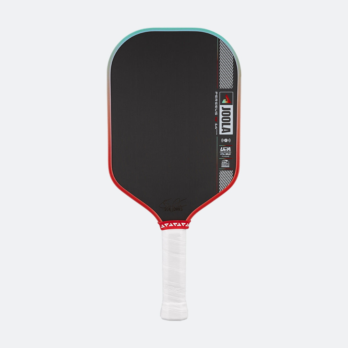Pickleball paddle with black surface, red border, and white handle on a white background