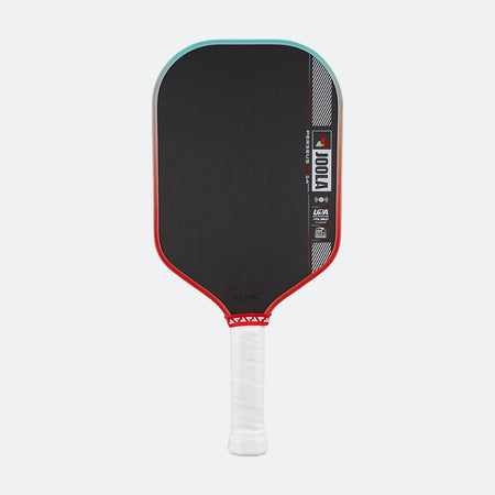 Pickleball paddle with black surface, red border, and white handle on a white background