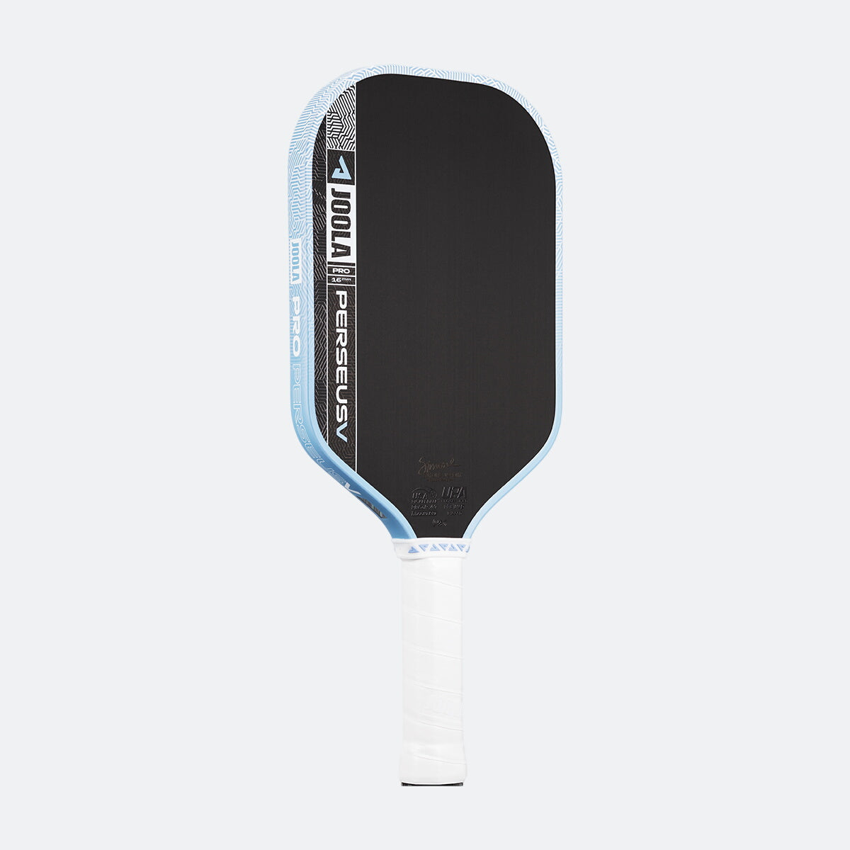 White background, product image of the JOOLA Perseus Pro V pickleball paddle with light blue edge guard and white handle.