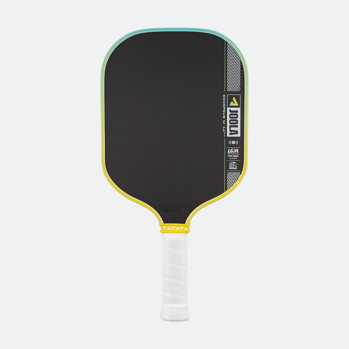 Pickleball paddle with black surface, yellow rim, and white handle on a white background.