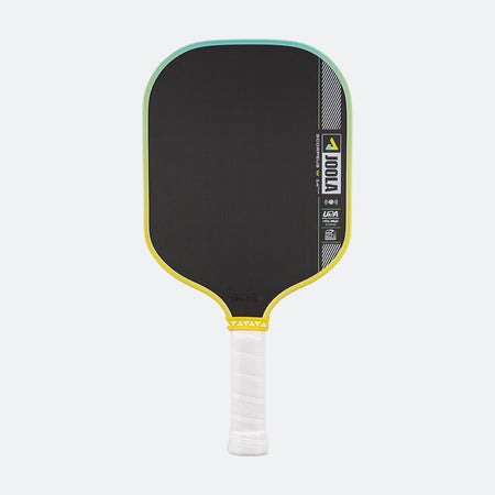 Pickleball paddle with black surface, yellow rim, and white handle on a white background.