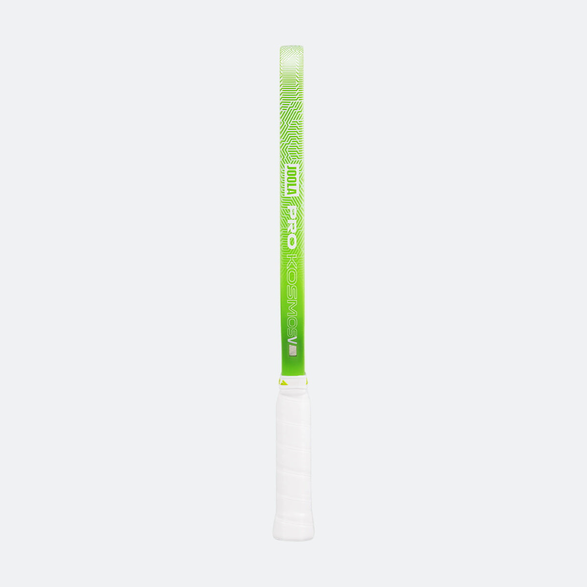 White background, product image of the JOOLA Kosmos Pickleball paddle with white handle and green edge guard.