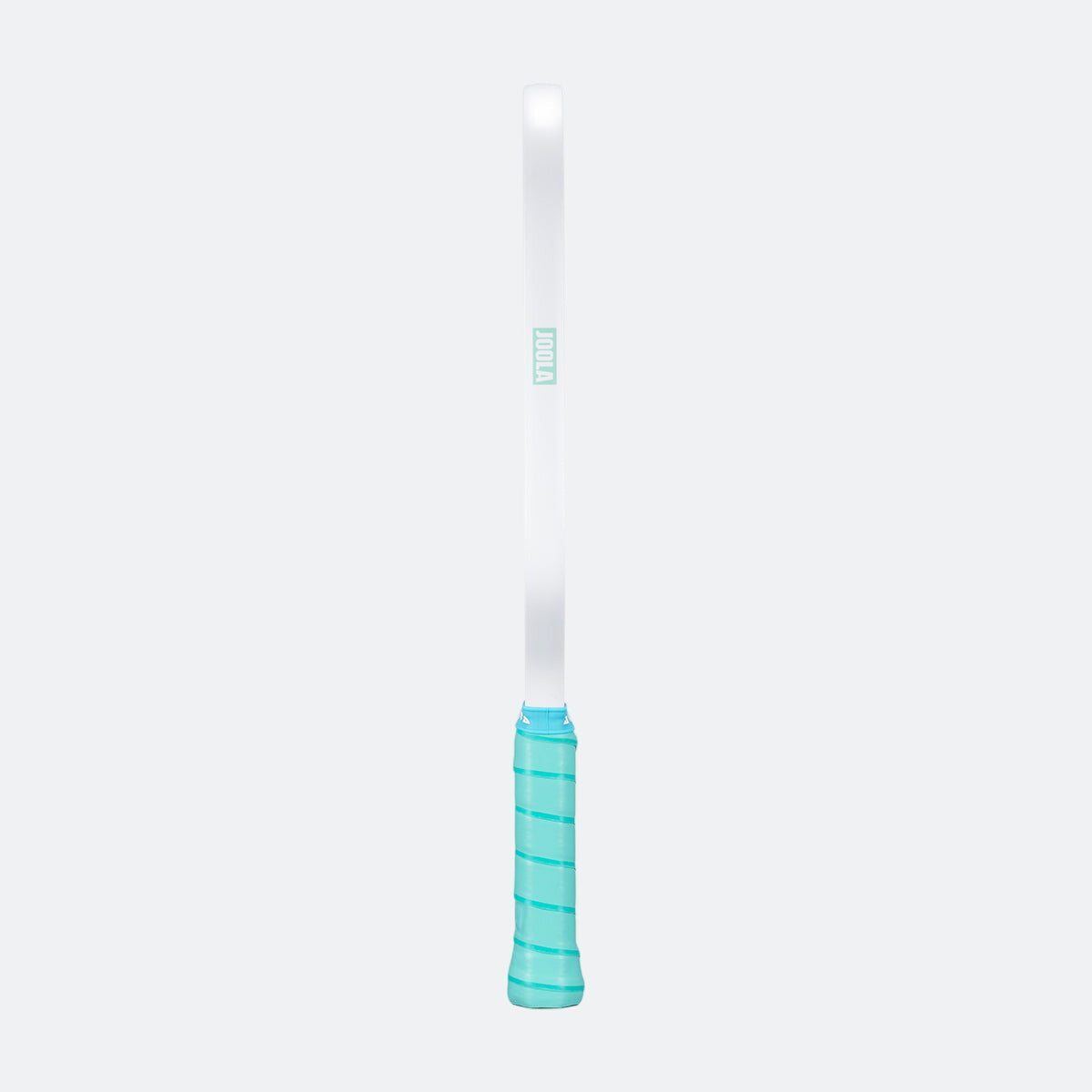 White background, product image showing the white edge guard of the JOOLA Perseus Astral pickleball paddle, with teal handle.
